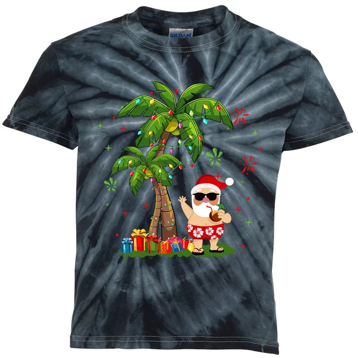 Santa Hawaiian Christmas Palm Tree Lights Xmas Kids Tie-Dye T-Shirt