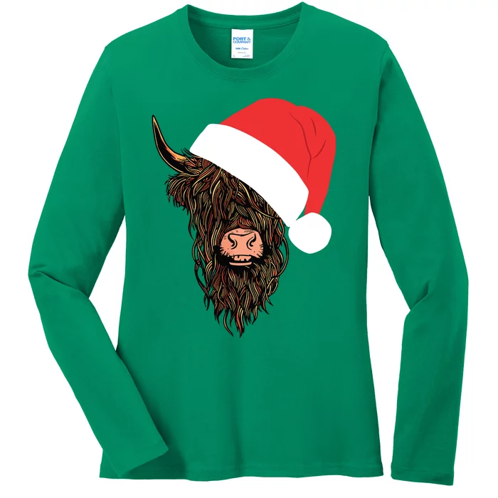 Scottish Highland Cattle Hairy Cow Farmer Gift Christmas Hat Ladies Long Sleeve Shirt