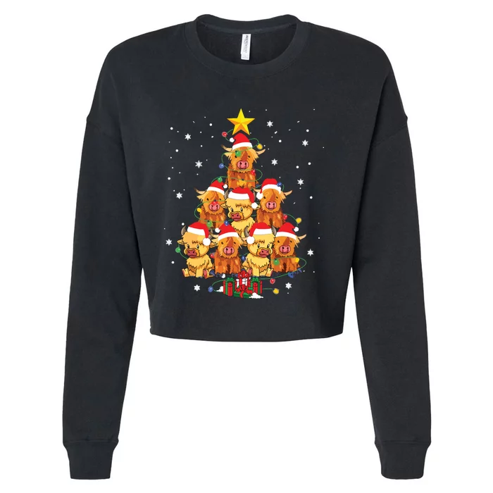 Scottish Highland Cow Christmas Tree Funny Cow Lover Xmas Cropped Pullover Crew