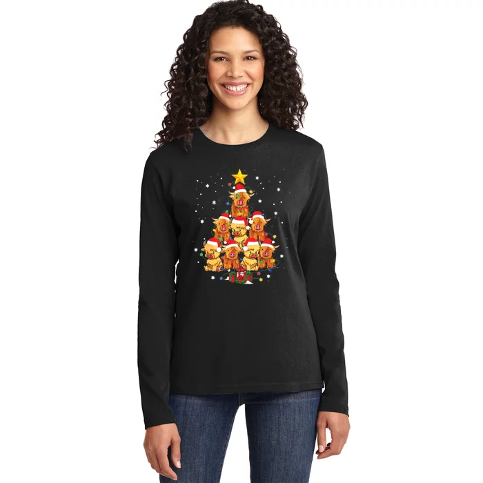 Scottish Highland Cow Christmas Tree Funny Cow Lover Xmas Ladies Long Sleeve Shirt