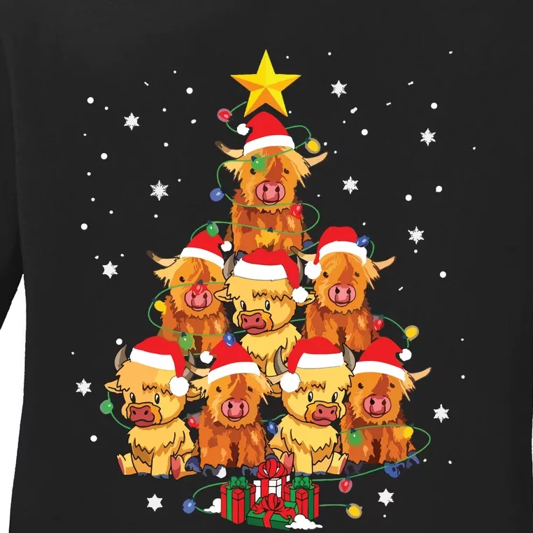 Scottish Highland Cow Christmas Tree Funny Cow Lover Xmas Ladies Long Sleeve Shirt