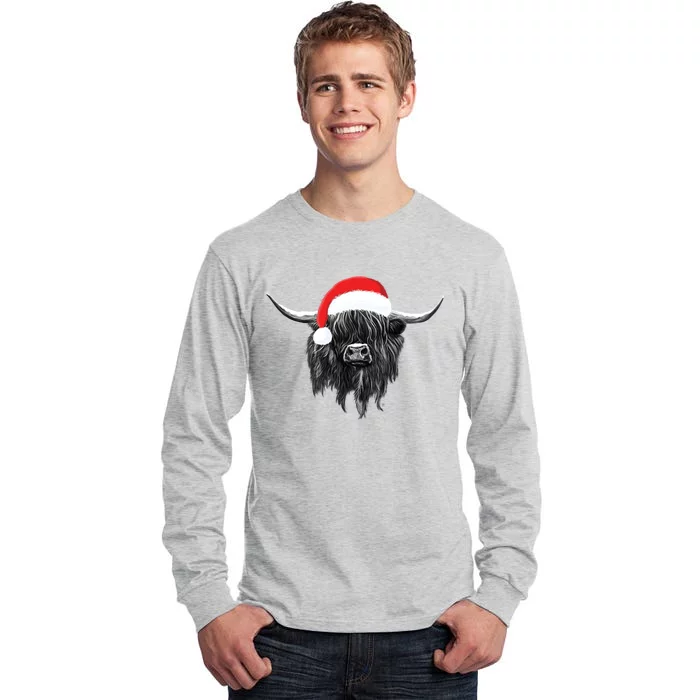 Scottish Highland Cow Christmas Santa Hat Funny Gift Tall Long Sleeve T-Shirt