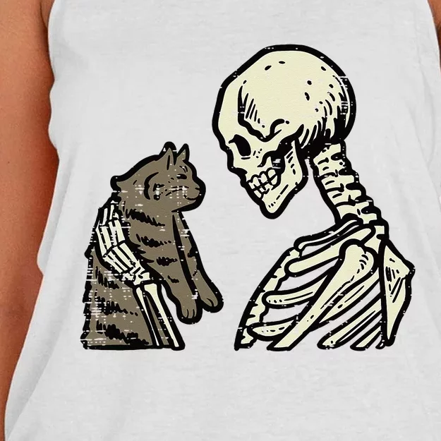 Skeleton Holding Cat Funny Halloween Skull Women's Knotted Racerback Tank