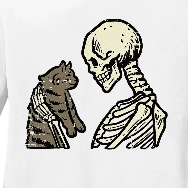 Skeleton Holding Cat Funny Halloween Skull Ladies Long Sleeve Shirt