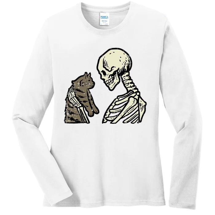 Skeleton Holding Cat Funny Halloween Skull Ladies Long Sleeve Shirt