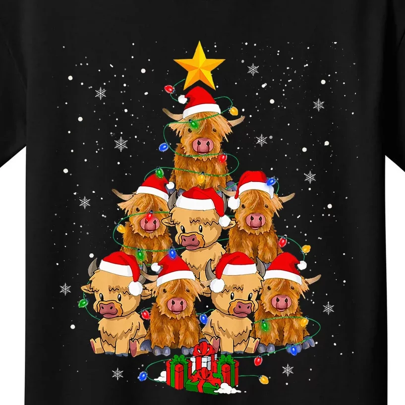 Scottish Highland Cow Christmas Tree Funny Kids T-Shirt