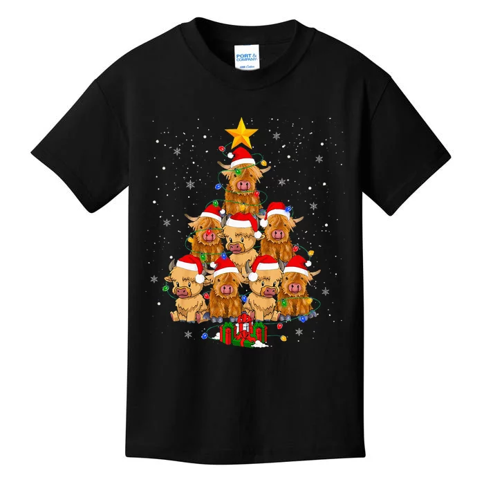 Scottish Highland Cow Christmas Tree Funny Kids T-Shirt