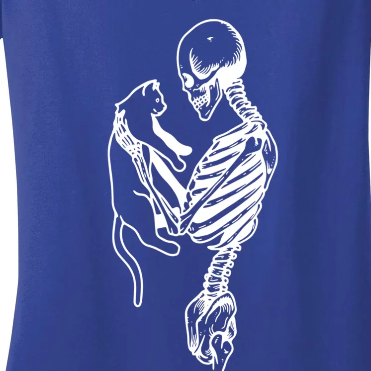 Skeleton Hold Cat Funny Skeleton Halloween Cat Lovers Gift Women's V-Neck T-Shirt