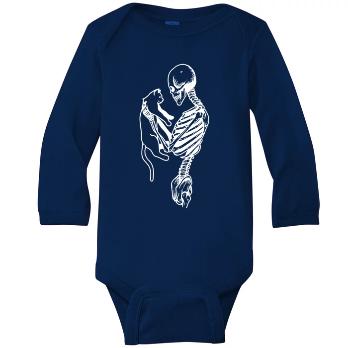 Skeleton Hold Cat Funny Skeleton Halloween Cat Lovers Gift Baby Long Sleeve Bodysuit