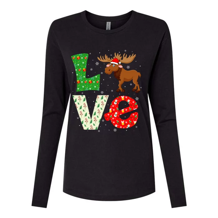 Santa Hat Christmas Themed Funny Love Moose Xmas Holiday Gift Womens Cotton Relaxed Long Sleeve T-Shirt