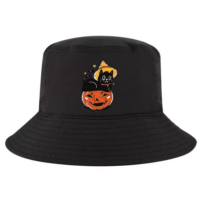 Spooky Halloween Cat Costume with Witch Hat and Pumpkin Cool Comfort Performance Bucket Hat