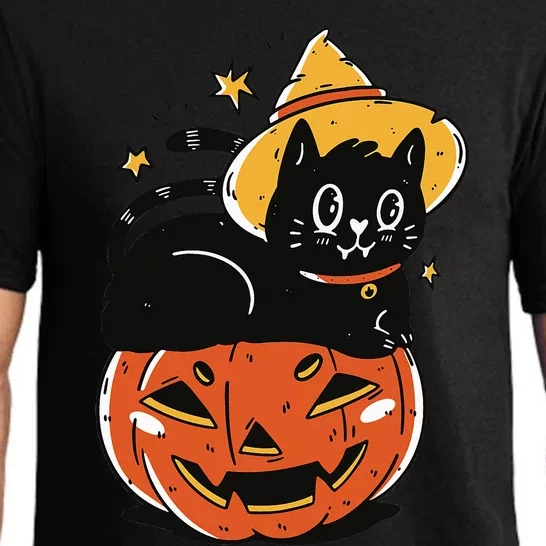 Spooky Halloween Cat Costume with Witch Hat and Pumpkin Pajama Set