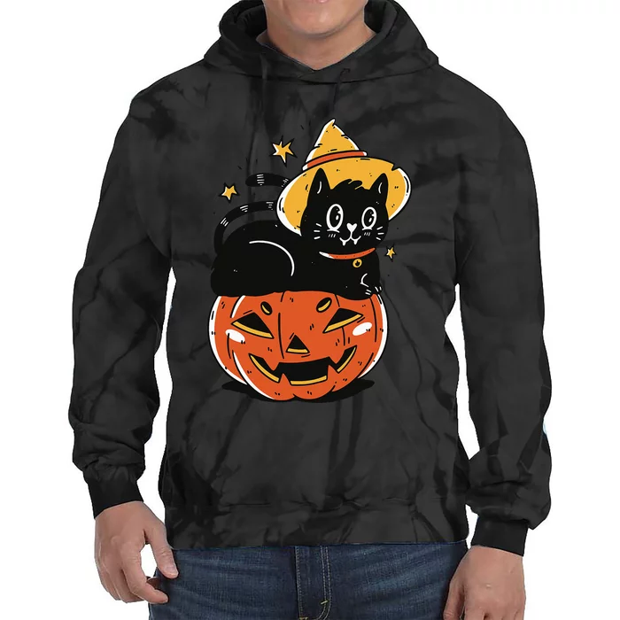 Spooky Halloween Cat Costume with Witch Hat and Pumpkin Tie Dye Hoodie