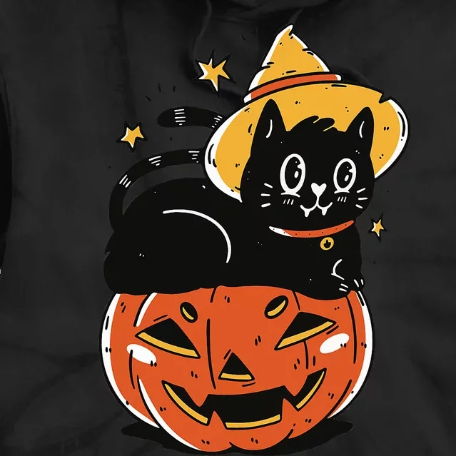 Spooky Halloween Cat Costume with Witch Hat and Pumpkin Tie Dye Hoodie