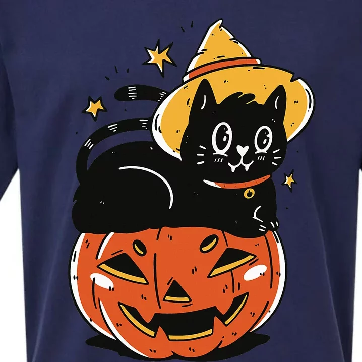 Spooky Halloween Cat Costume with Witch Hat and Pumpkin Sueded Cloud Jersey T-Shirt