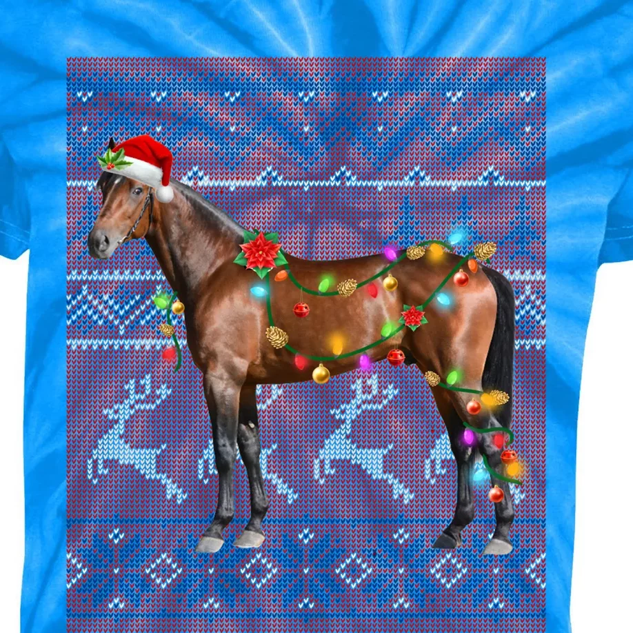 Santa Horse Christmas Tree Lights Ugly Sweater Pajama Gift Kids Tie-Dye T-Shirt