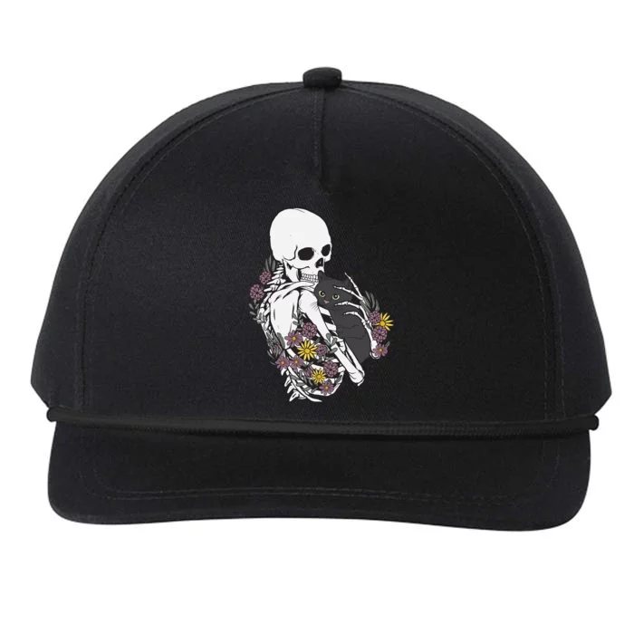 Skeleton Hugging Cat Flowers Skeleton Black Cat Funny Gift Snapback Five-Panel Rope Hat