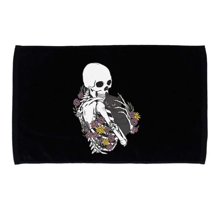 Skeleton Hugging Cat Flowers Skeleton Black Cat Funny Gift Microfiber Hand Towel