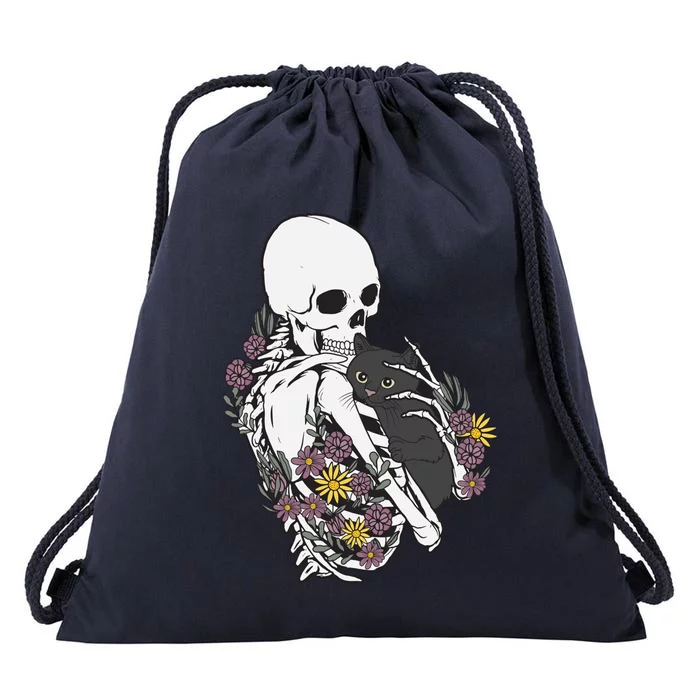 Skeleton Hugging Cat Flowers Skeleton Black Cat Funny Gift Drawstring Bag