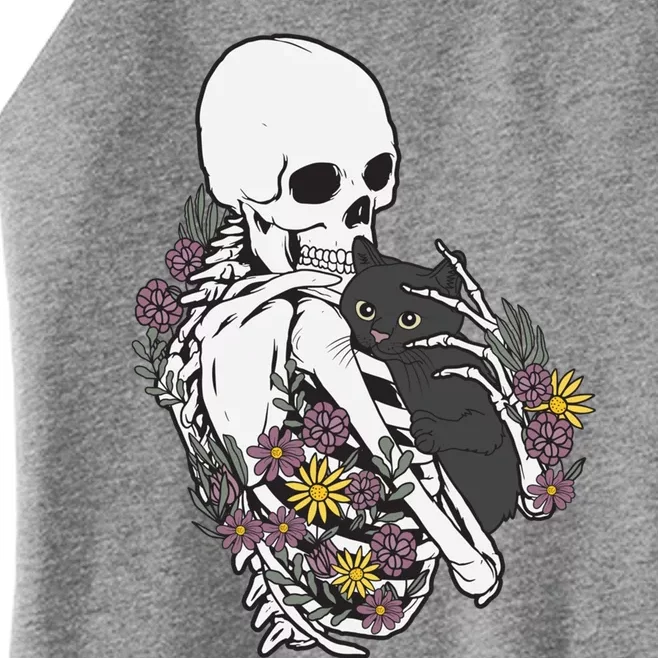 Skeleton Hugging Cat Flowers Skeleton Black Cat Funny Gift Women’s Perfect Tri Rocker Tank