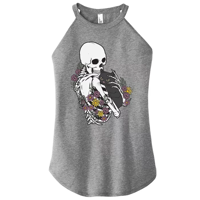 Skeleton Hugging Cat Flowers Skeleton Black Cat Funny Gift Women’s Perfect Tri Rocker Tank