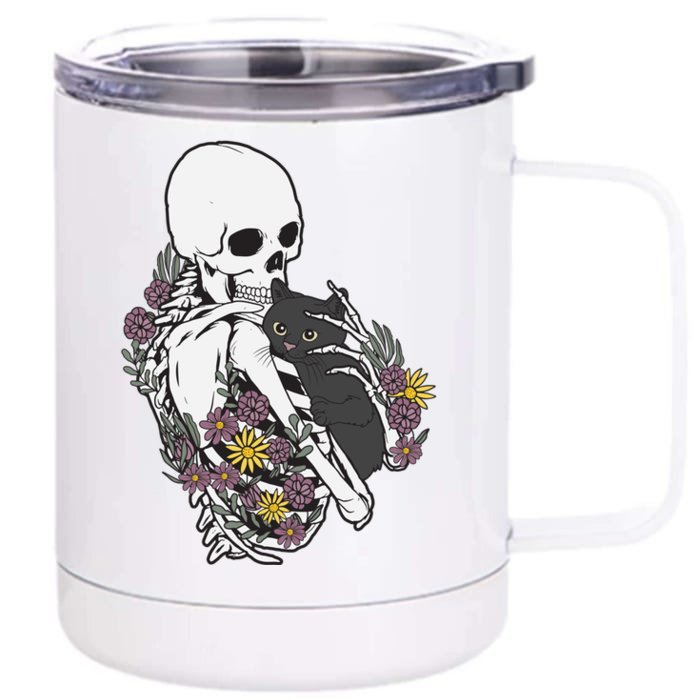 Skeleton Hugging Cat Flowers Skeleton Black Cat Funny Gift Front & Back 12oz Stainless Steel Tumbler Cup