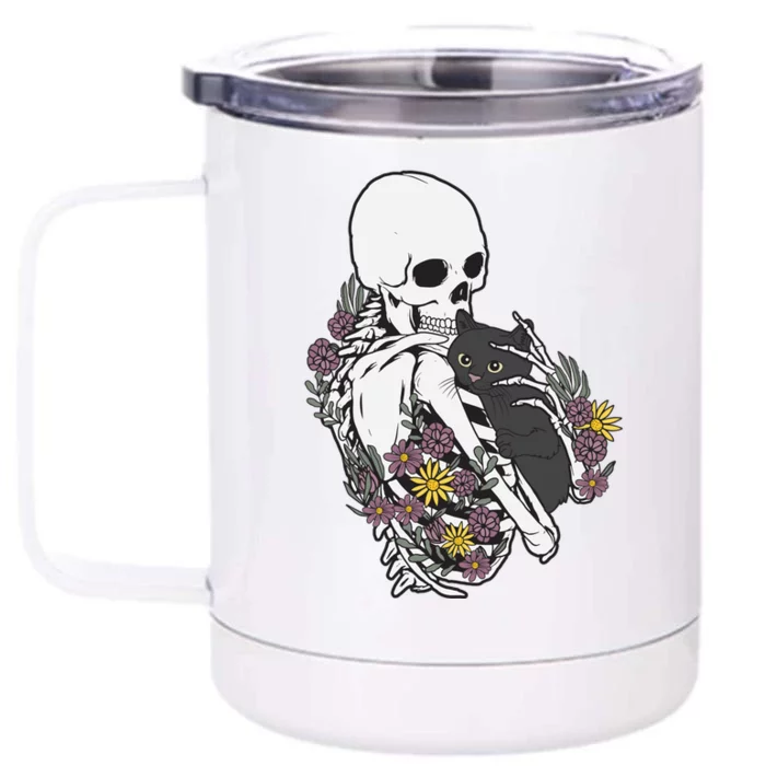 Skeleton Hugging Cat Flowers Skeleton Black Cat Funny Gift Front & Back 12oz Stainless Steel Tumbler Cup