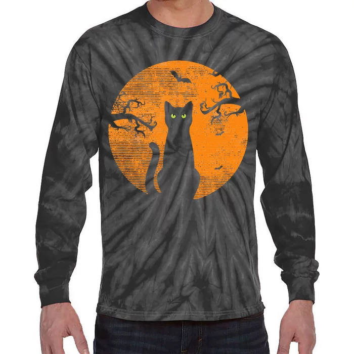 Spooky Halloween Cat Costume with Retro Moon Tie-Dye Long Sleeve Shirt