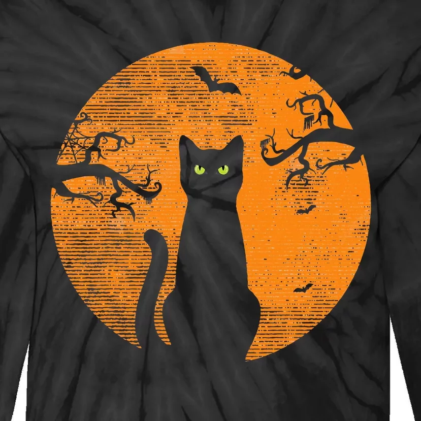 Spooky Halloween Cat Costume with Retro Moon Tie-Dye Long Sleeve Shirt