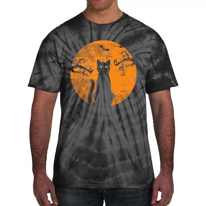 Spooky Halloween Cat Costume with Retro Moon Tie-Dye T-Shirt