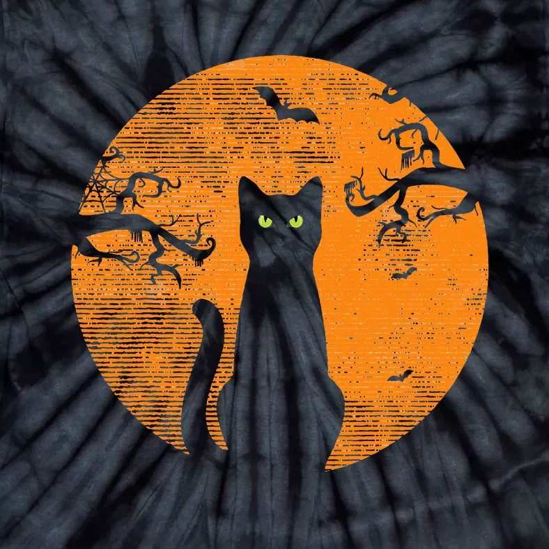 Spooky Halloween Cat Costume with Retro Moon Tie-Dye T-Shirt