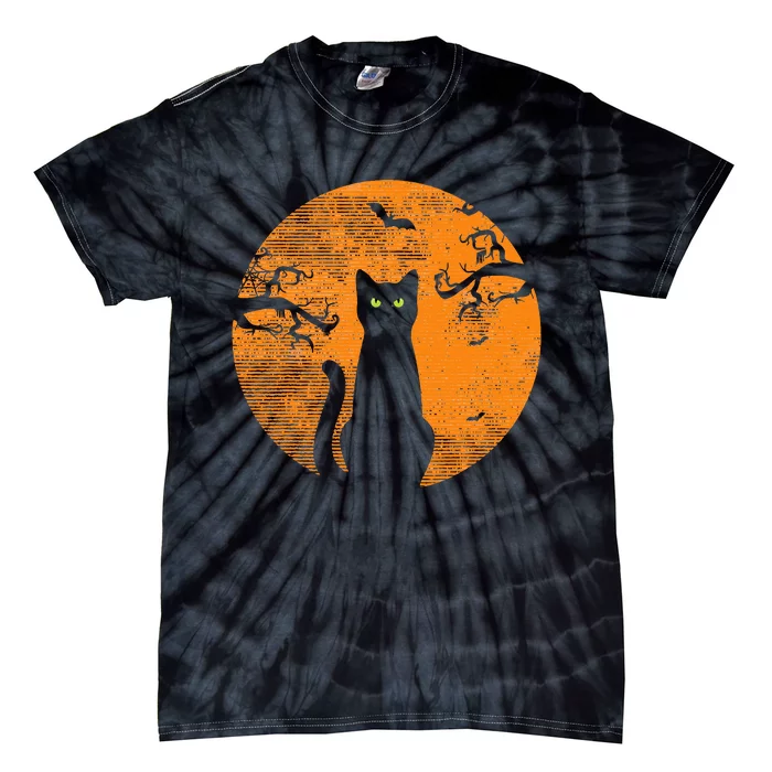 Spooky Halloween Cat Costume with Retro Moon Tie-Dye T-Shirt