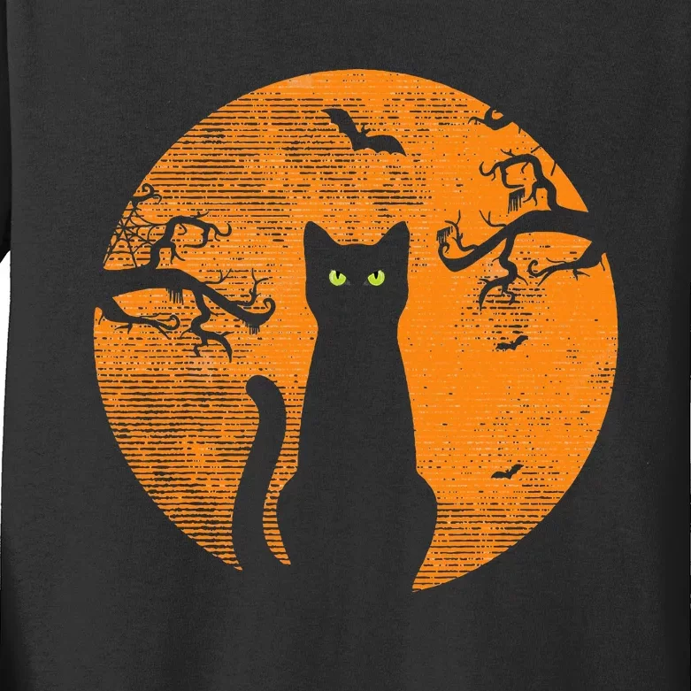 Spooky Halloween Cat Costume with Retro Moon Kids Long Sleeve Shirt