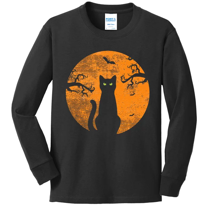 Spooky Halloween Cat Costume with Retro Moon Kids Long Sleeve Shirt