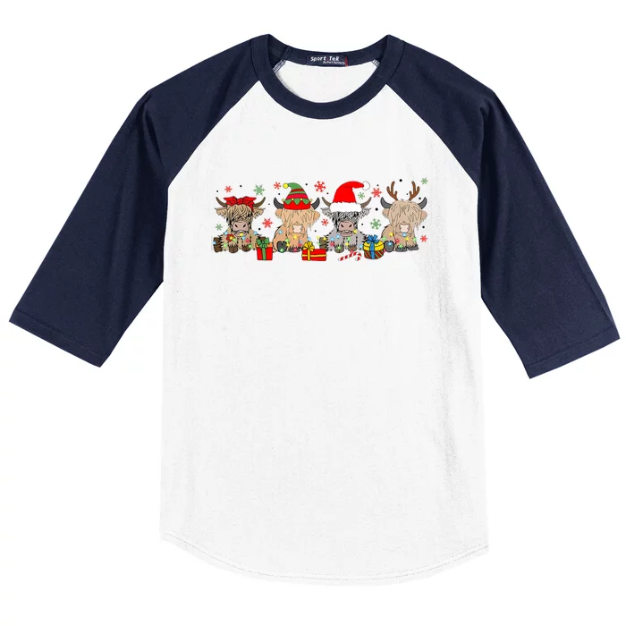 Scottish Highland Cow Christmas Tree Funny Cow Lover Xmas Baseball Sleeve Shirt