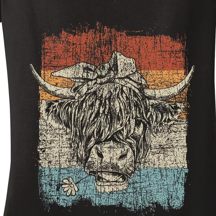 Scottish Highland Cow Cattle Hairy Cow Flowers Woman Women's V-Neck T-Shirt