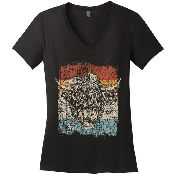 Scottish Highland Cow Cattle Hairy Cow Flowers Woman Women's V-Neck T-Shirt