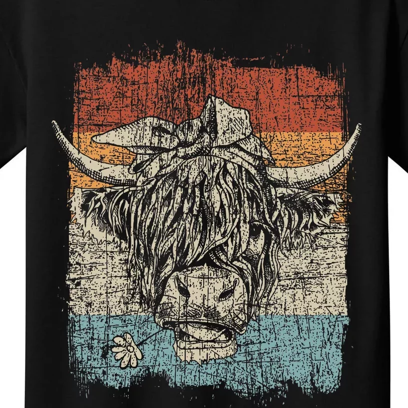 Scottish Highland Cow Cattle Hairy Cow Flowers Woman Kids T-Shirt