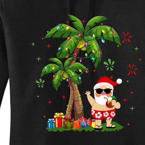 Santa Hawaiian Christmas Palm Tree Lights Xmas Women's Pullover Hoodie