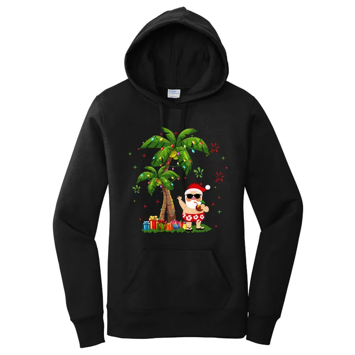 Santa Hawaiian Christmas Palm Tree Lights Xmas Women's Pullover Hoodie