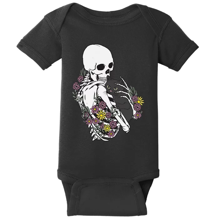 Skeleton Hugging Cat Flowers Skeleton Black Cat Baby Bodysuit