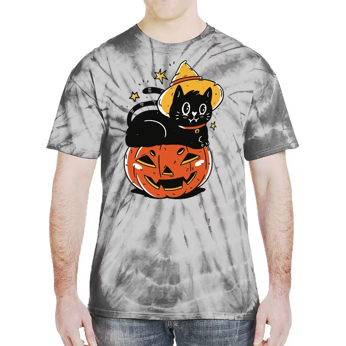 Spooky Halloween Cat Costume with Witch Hat and Pumpkin Tie-Dye T-Shirt