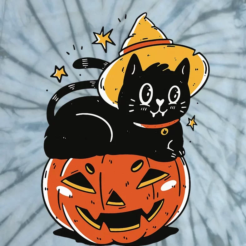 Spooky Halloween Cat Costume with Witch Hat and Pumpkin Tie-Dye T-Shirt