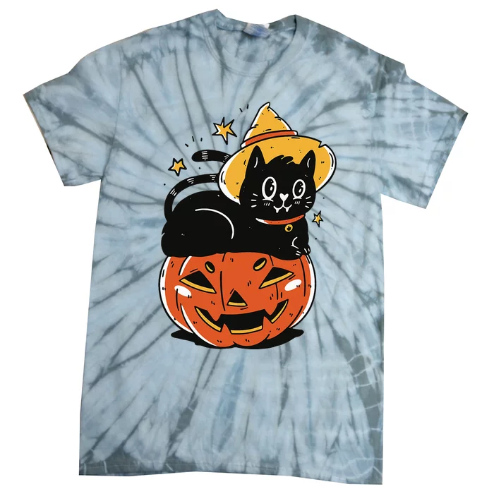 Spooky Halloween Cat Costume with Witch Hat and Pumpkin Tie-Dye T-Shirt