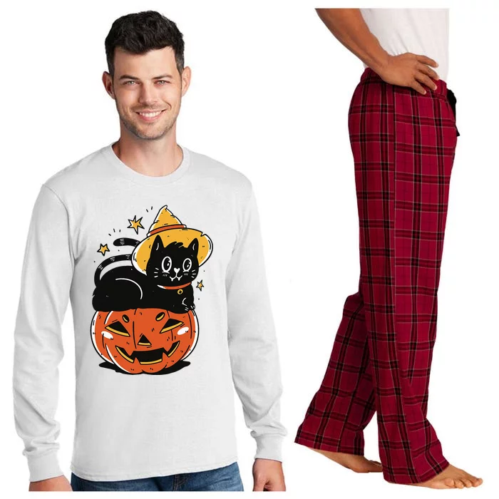 Spooky Halloween Cat Costume with Witch Hat and Pumpkin Long Sleeve Pajama Set