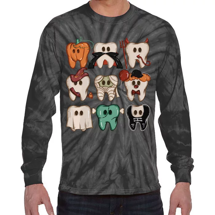 Spooky Halloween Dentist Funny Teeth Crewneck Halloween Tie-Dye Long Sleeve Shirt