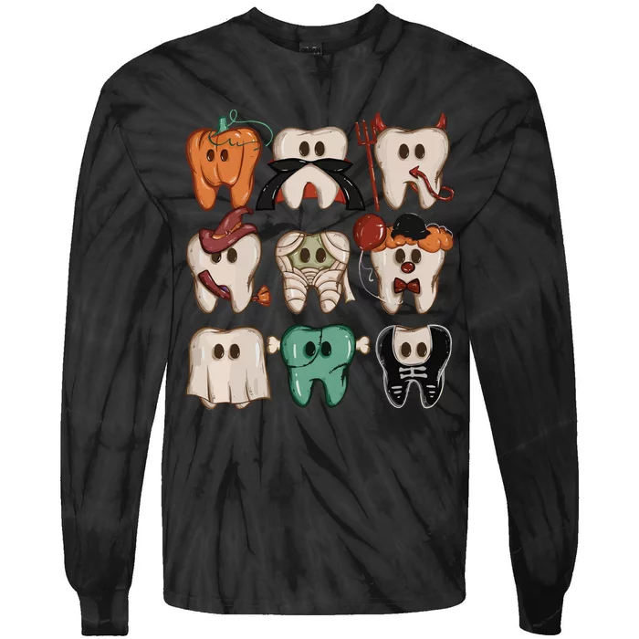 Spooky Halloween Dentist Funny Teeth Crewneck Halloween Tie-Dye Long Sleeve Shirt