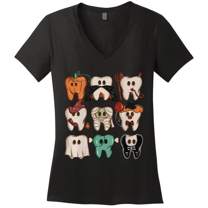 Spooky Halloween Dentist Funny Teeth Crewneck Halloween Women's V-Neck T-Shirt