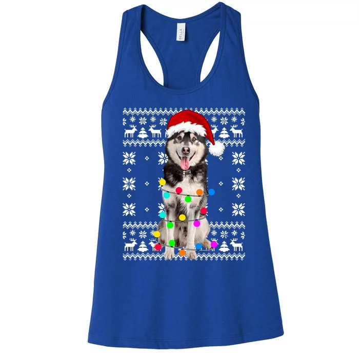 Siberian Husky Dog Lights Ugly Puppy Santa Hat Christmas Gift Women's Racerback Tank