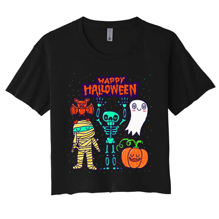 Spooky Halloween Decorations Skeleton Pumpkin Ghosts Women's Crop Top Tee